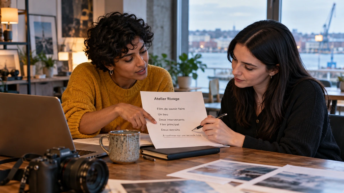 Deux créatrices discutent des livrables et des conditions d’un film.