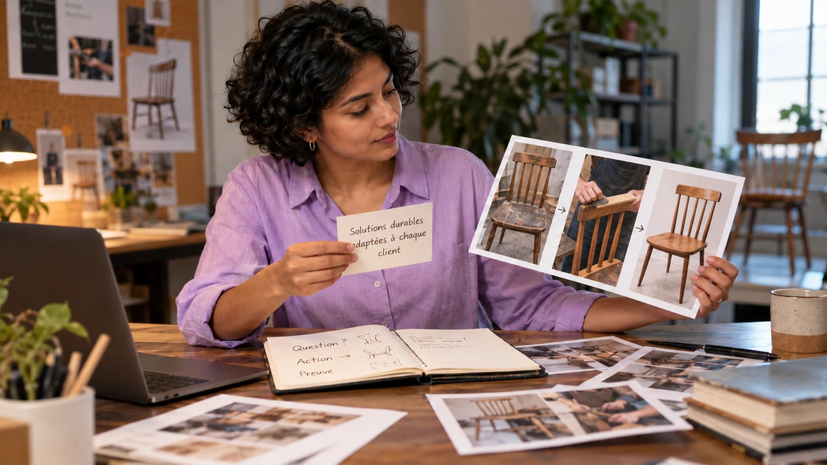 Une personne compare une intention et des images de mobilier autour de documents.