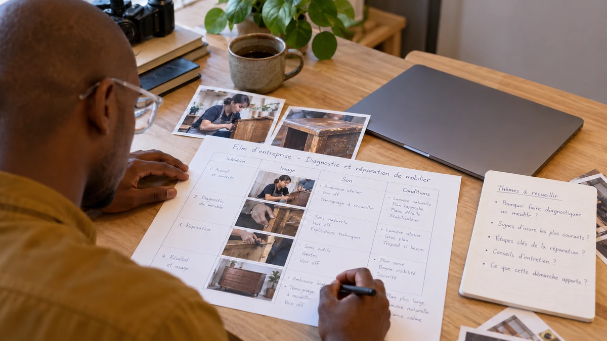 Une personne organise un conducteur et des images de démonstration sur une table.