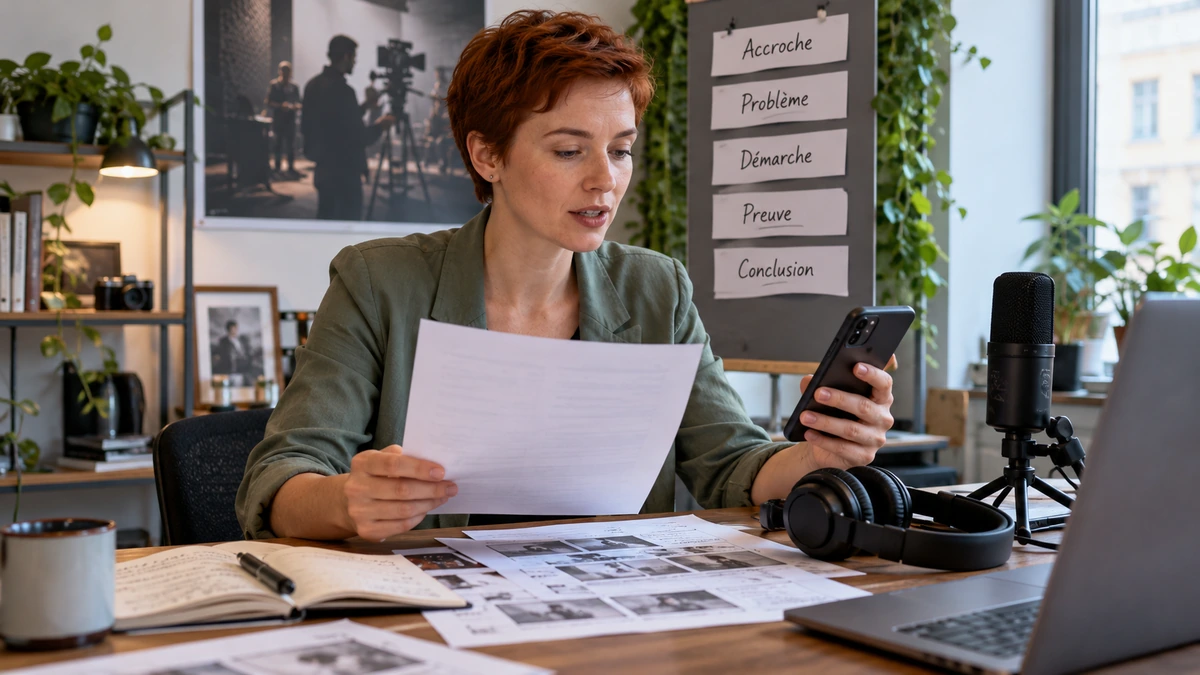 Une personne compare un texte de préparation et des notes sur une tablette.