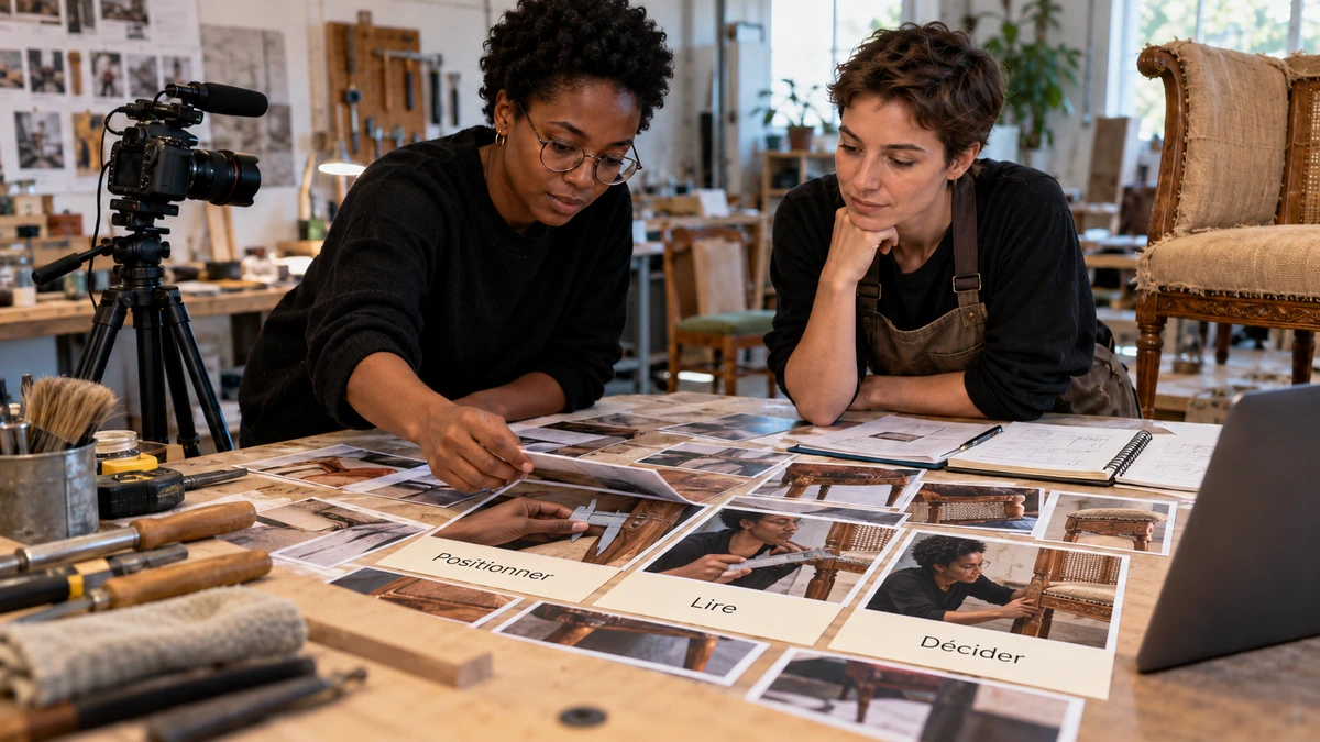 Deux personnes associent des thèmes d’entretien à des photographies d’activité.