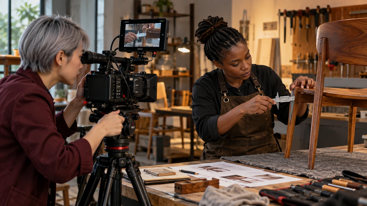 Une personne filme le travail d’une professionnelle dans un atelier.