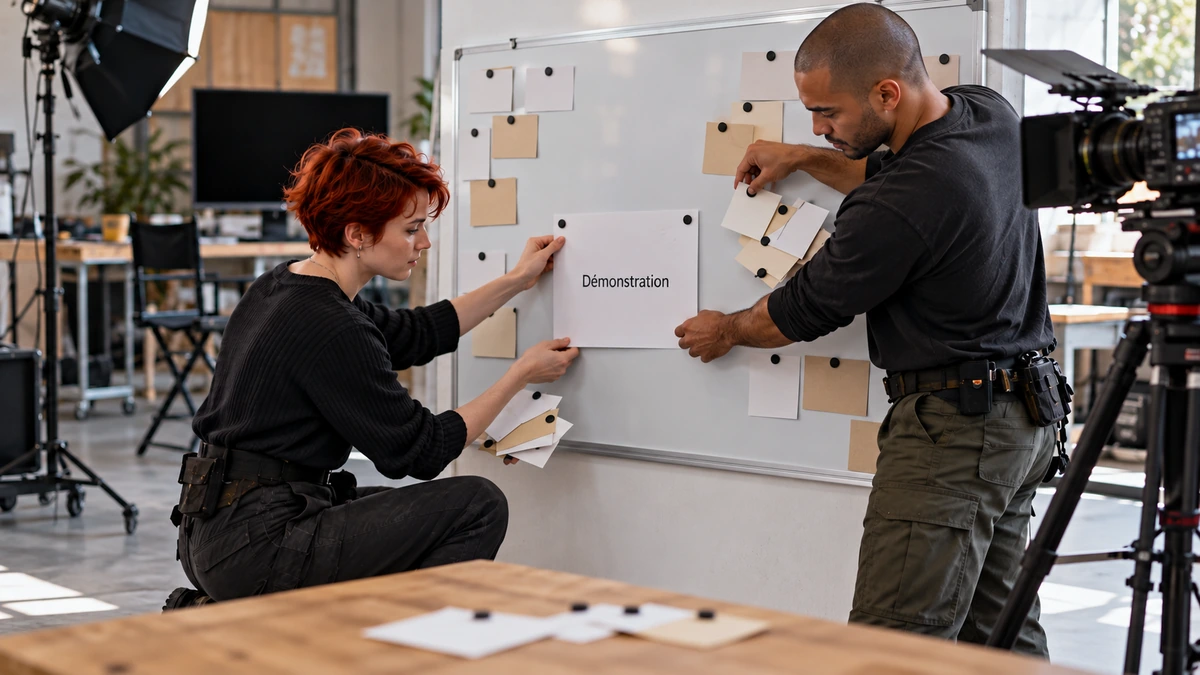 Deux personnes masquent un tableau de bureau avec des feuilles de papier.