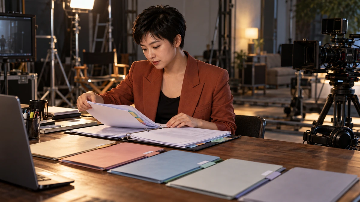 Une professionnelle prépare un dossier classé sur une table.