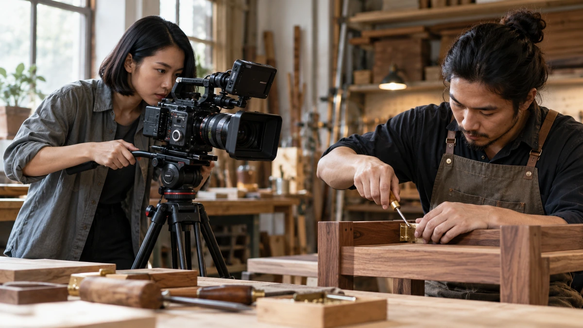 Une personne filme de près un geste d’atelier en maintenant une position de caméra précise.
