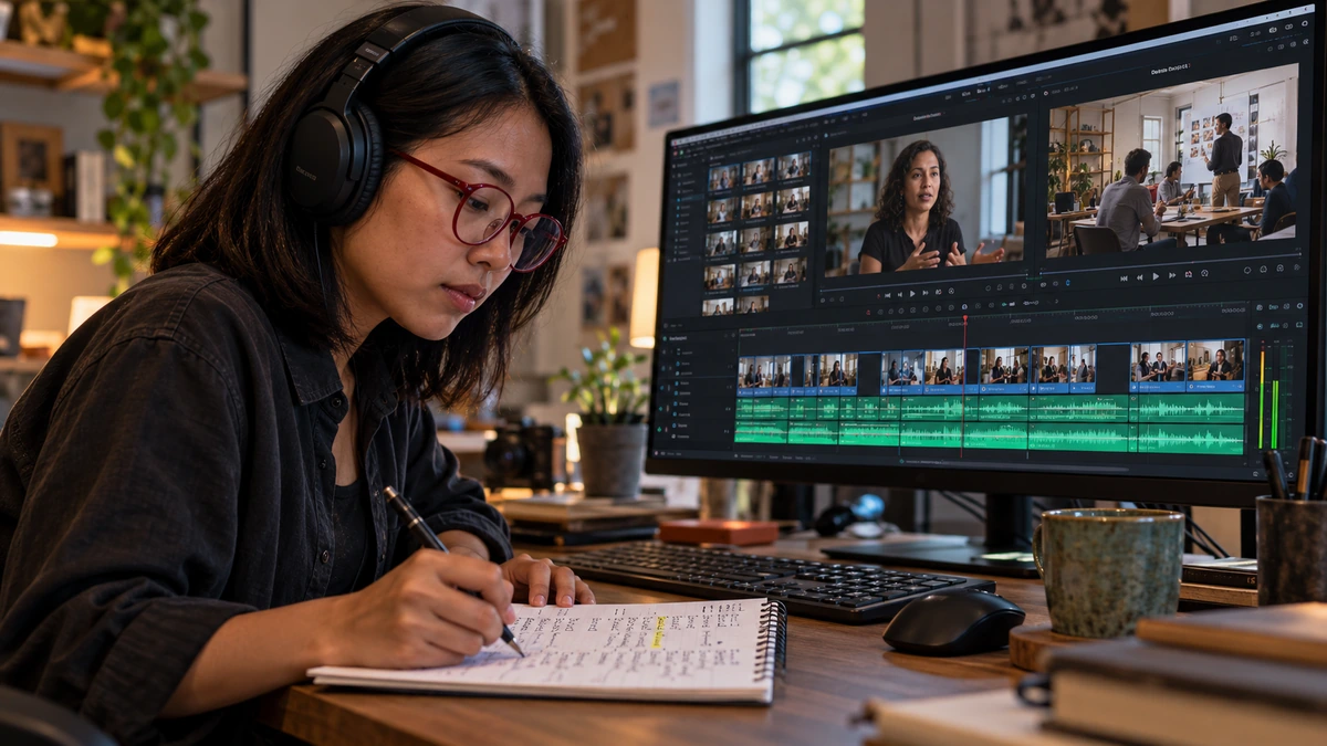 Une monteuse prend des notes sur une interview affichée à l’écran.