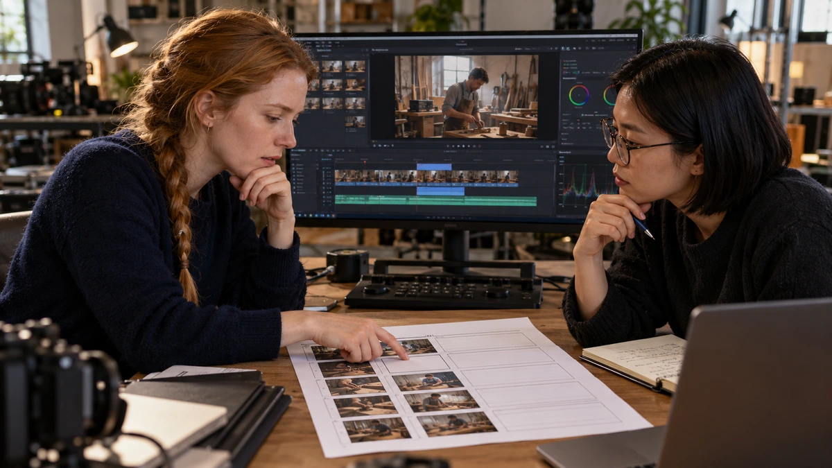 Deux cinéastes relisent des notes et les images d’une séquence.