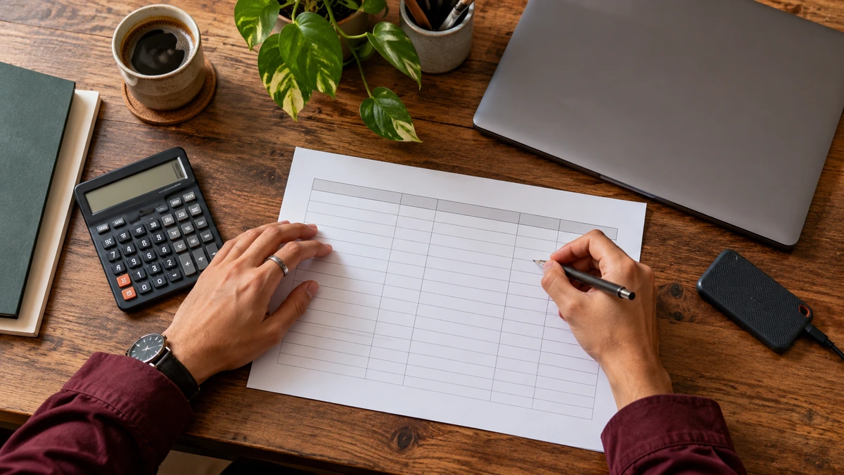 Des mains remplissent un tableau de suivi sur une table avec une calculatrice.