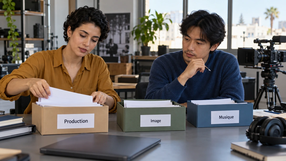 Deux personnes comparent des dossiers de production, d’image et de musique.