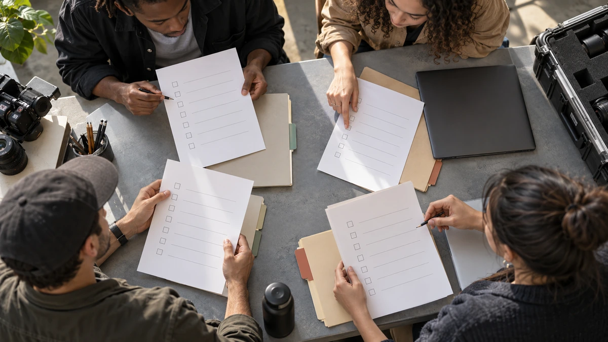 Plusieurs mains rapprochent des documents sur une table.