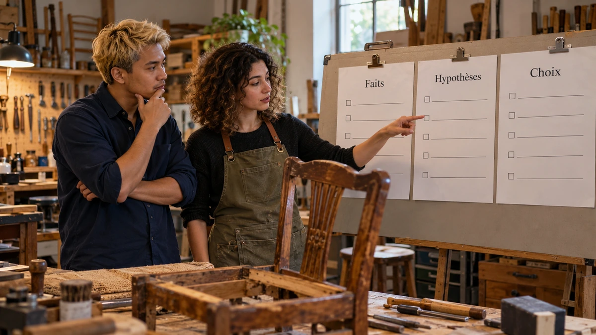 Deux professionnels distinguent les faits, les hypothèses et les choix d’un projet.