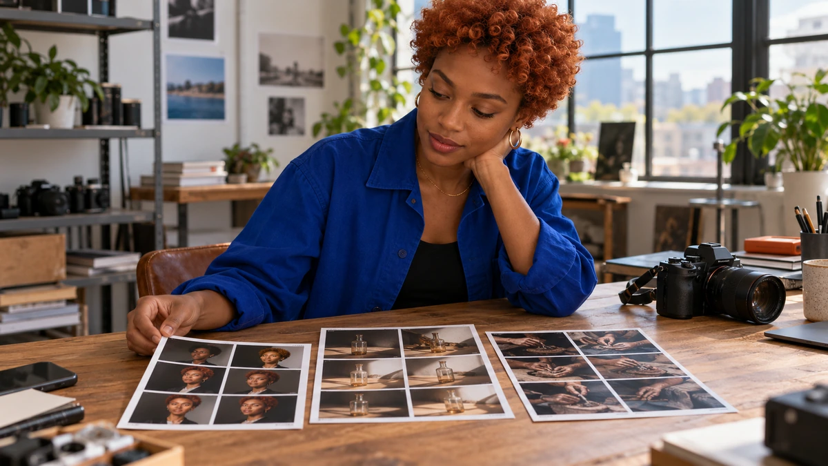 Une photographe sélectionne des images autour d’un appareil photo.