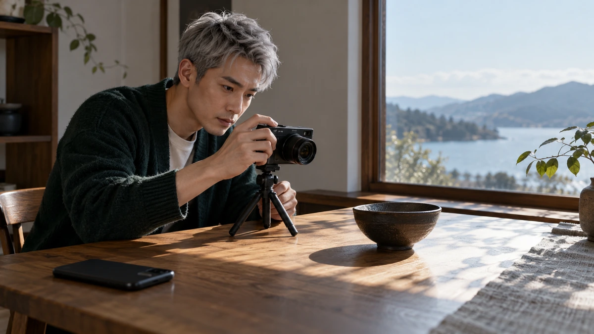 Un photographe prépare une prise de vue rapprochée d’un bol sur une table.