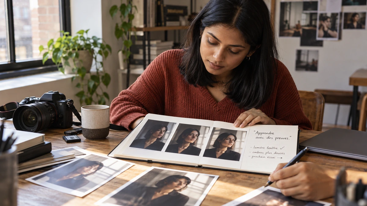 Une photographe examine un portfolio et ses notes.