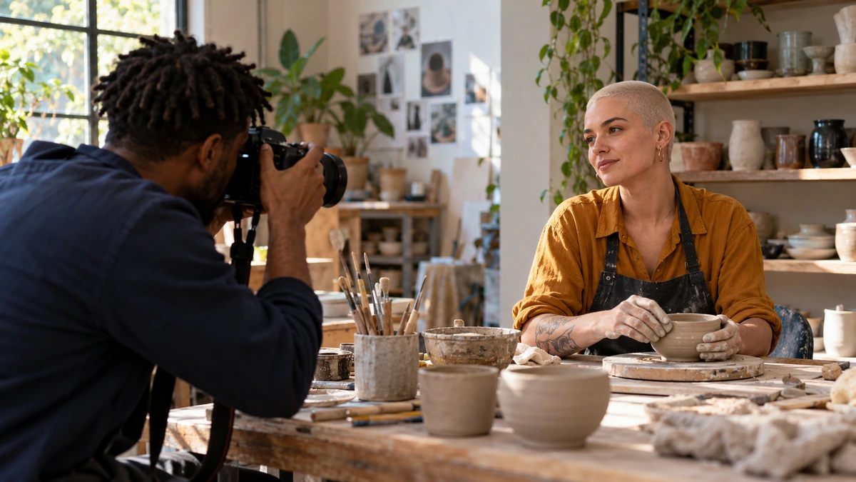 Un photographe réalise le portrait d’une artisane dans son atelier.