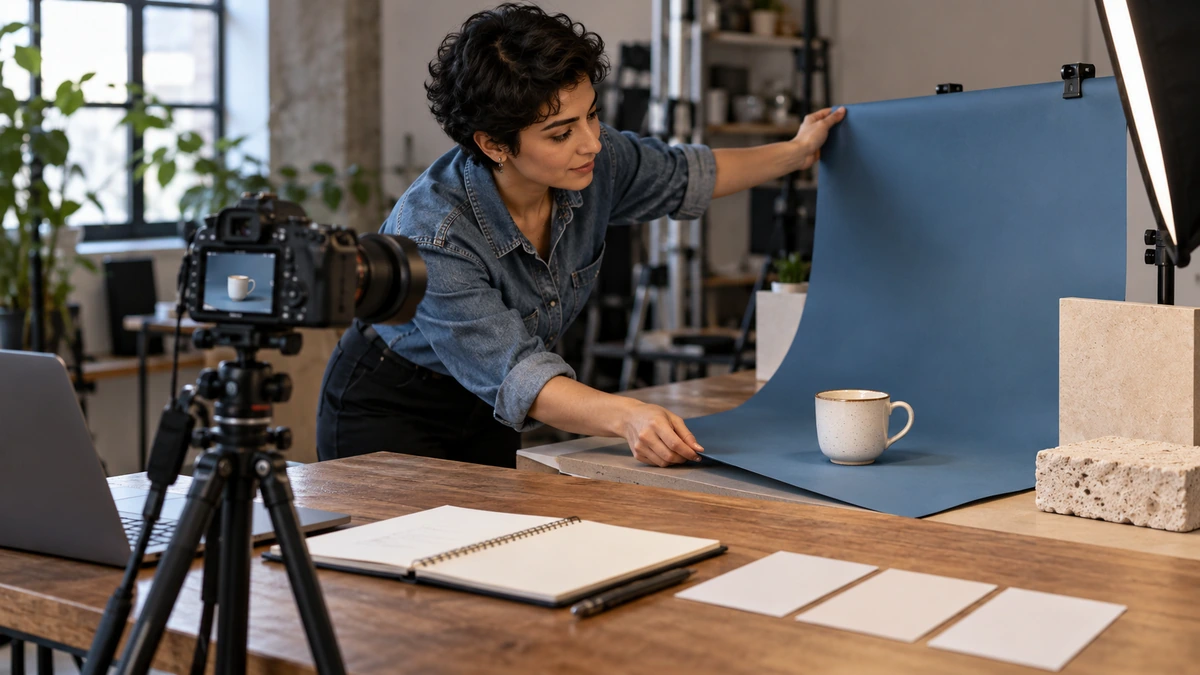 Une photographe prépare un objet et un fond devant un appareil sur trépied.