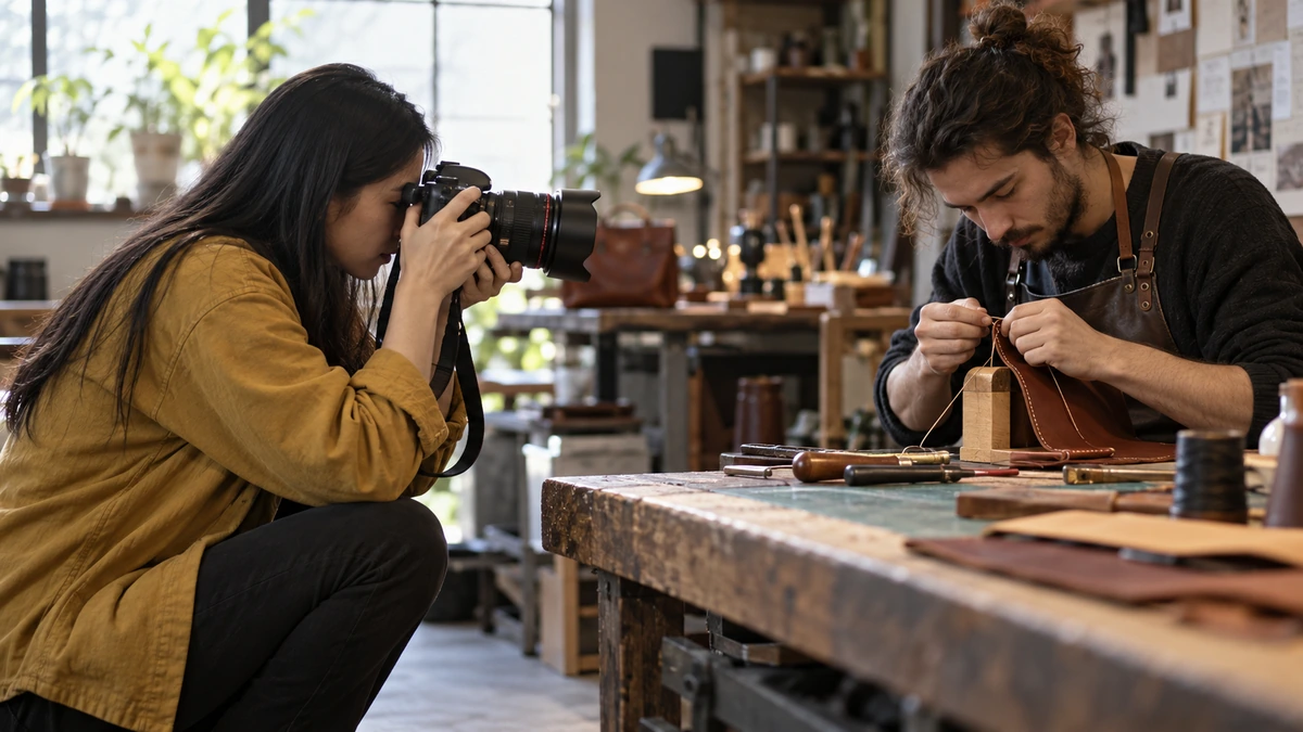 Une photographe cadre les gestes d’un artisan dans son atelier.