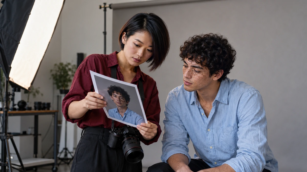 Deux photographes comparent des tirages dans leur atelier.