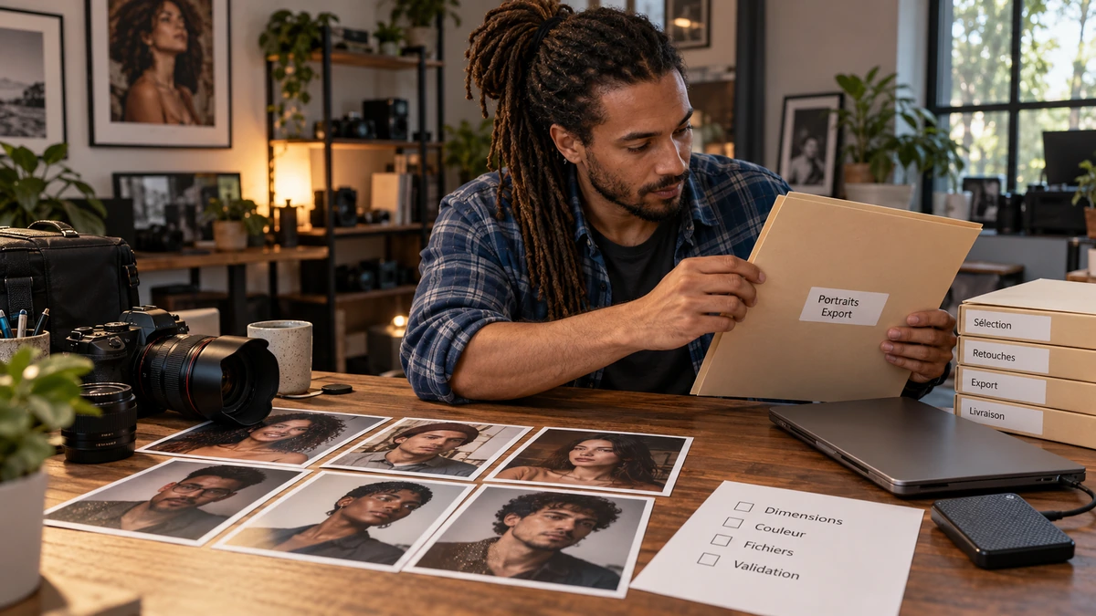 Un photographe organise des tirages et des documents de livraison.