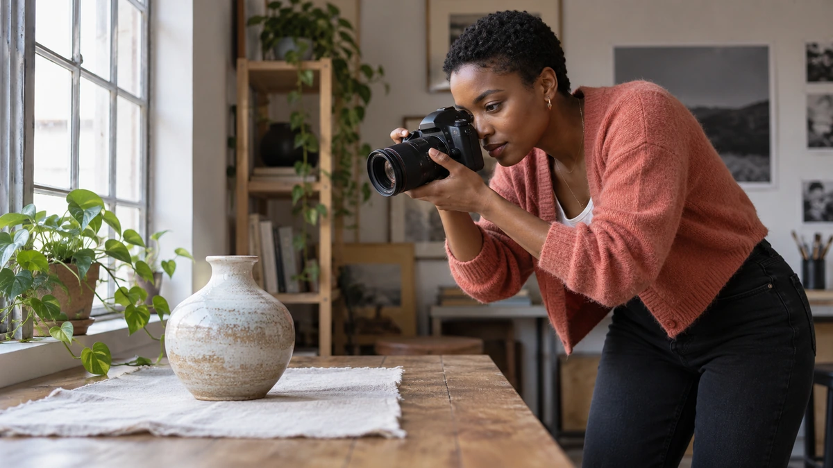 Une photographe réalise un essai sur un objet près d’une fenêtre.