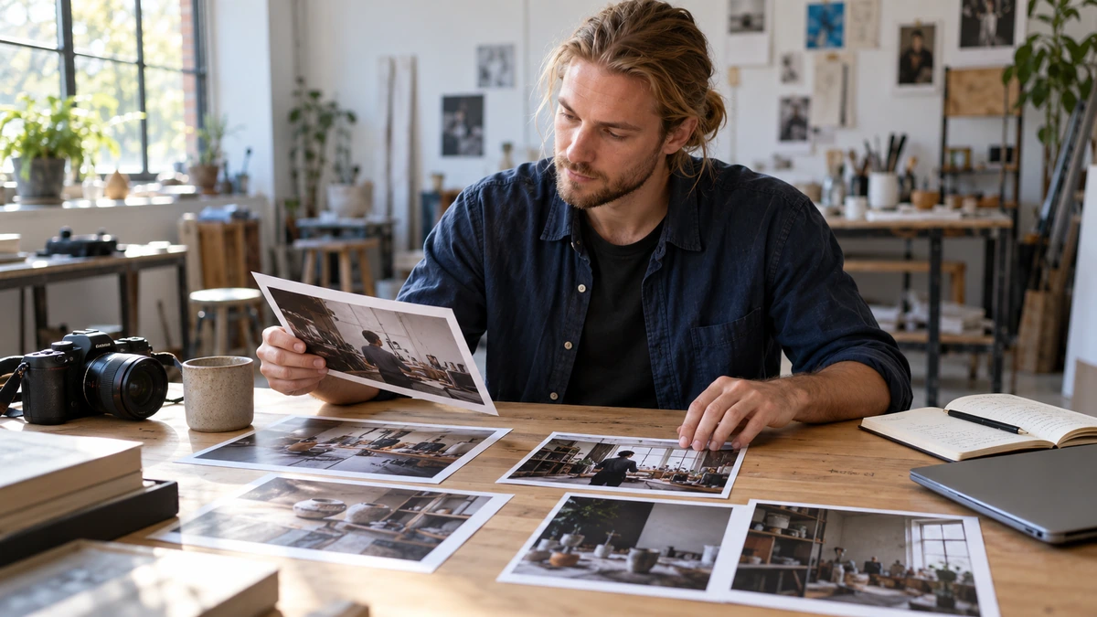 Un photographe compare plusieurs images imprimées après sa prise de vue.