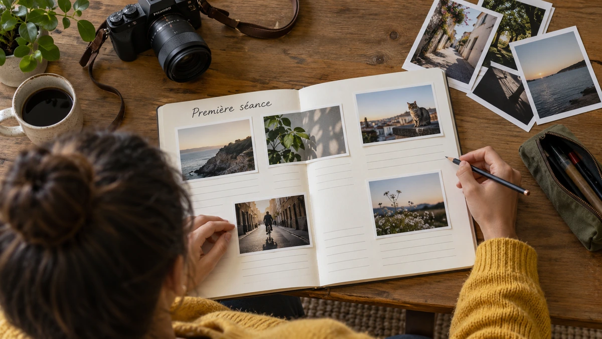 Une personne relit ses observations à côté de plusieurs photographies de travail.