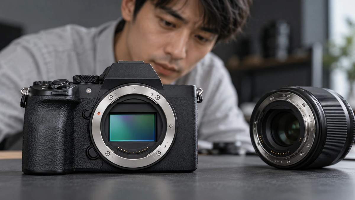 Un photographe examine le capteur et l’objectif de son appareil.