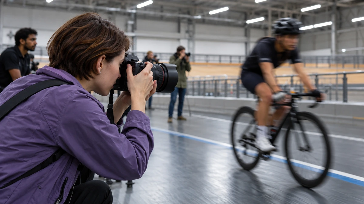 Une photographe suit un cycliste dans un espace couvert.