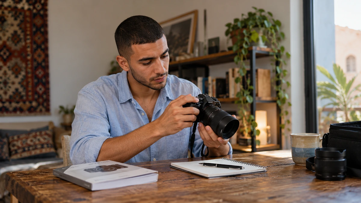 Un photographe règle son appareil avant une prise de vue.