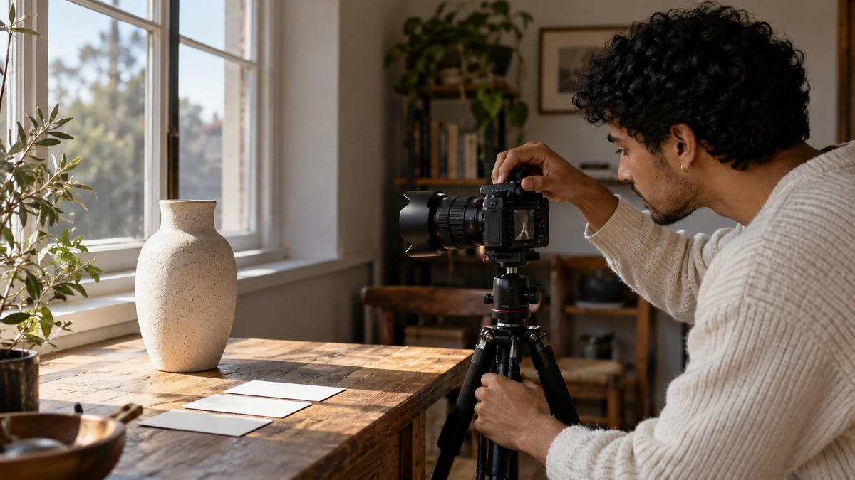 Un photographe prépare un essai d’exposition d’un objet sur trépied.