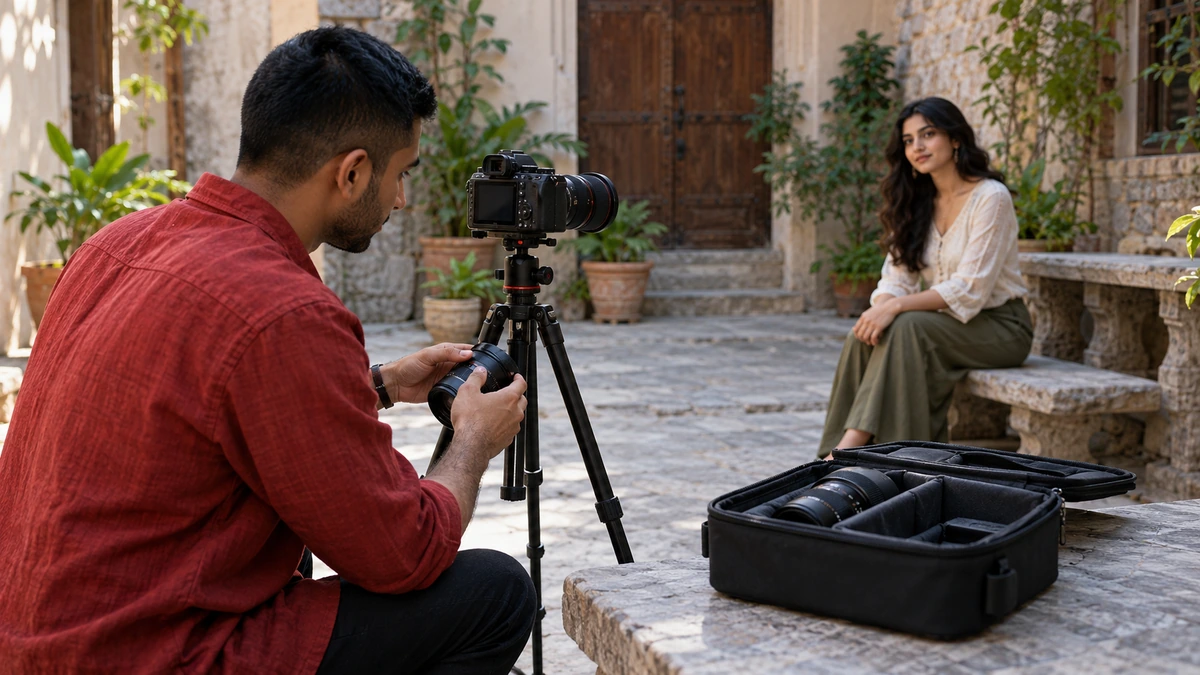 Un vidéaste installe une caméra face à une personne assise en extérieur.