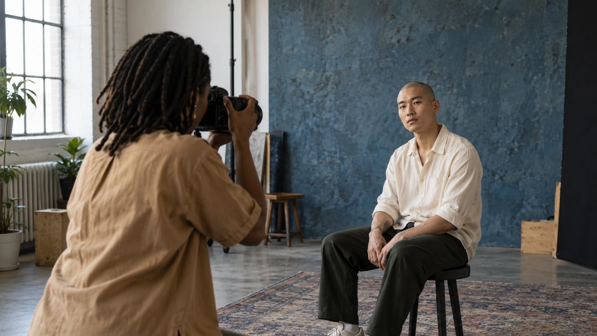 Une photographe cadre un portrait devant un fond bleu.