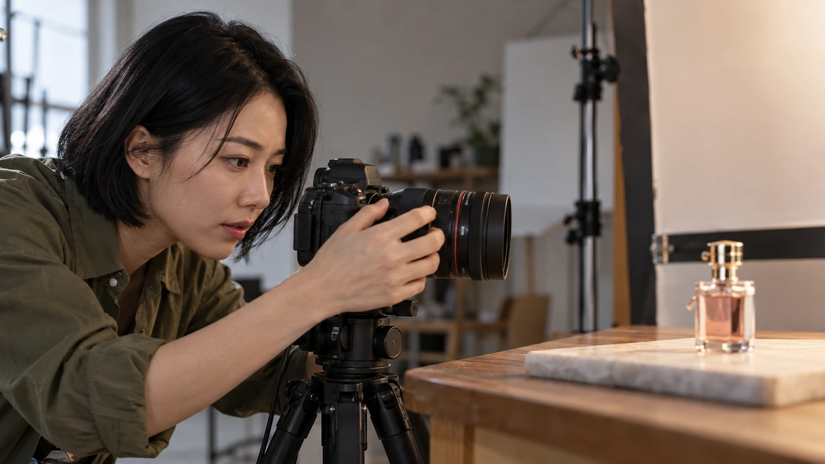 Une photographe vérifie la mise au point d’un appareil sur trépied.