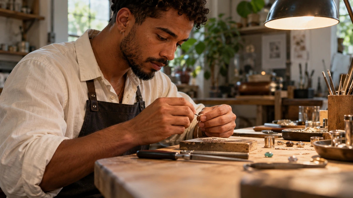 Un artisan travaille une petite pièce sur un établi.