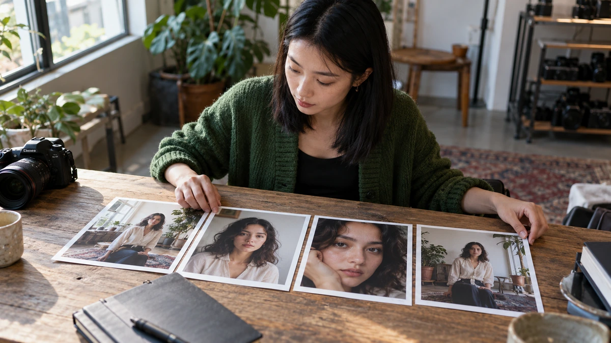 Une photographe compare plusieurs portraits et leurs tirages sur une table.