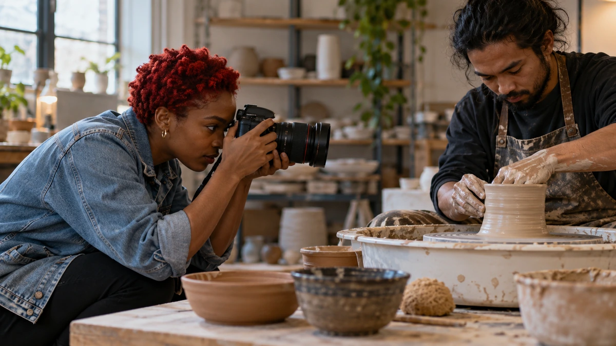Une photographe cadre les mains d’un artisan qui travaille l’argile.