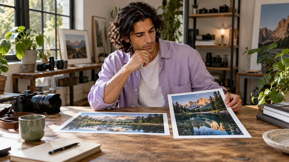 Un photographe compare plusieurs tirages de paysages à son bureau.