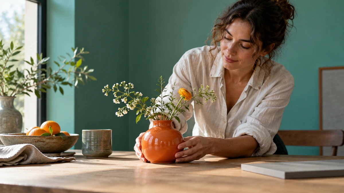 Une personne compose une nature morte avec des couleurs complémentaires sur une table.