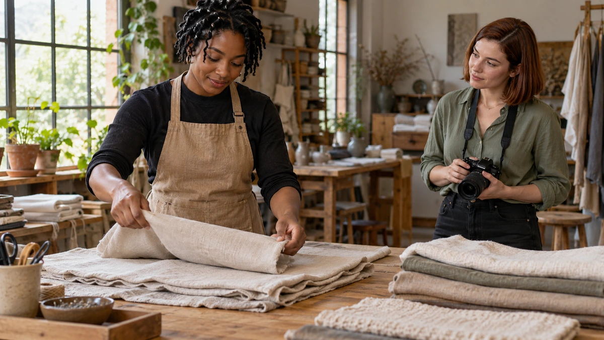 Deux personnes préparent des matières textiles sur une grande table.
