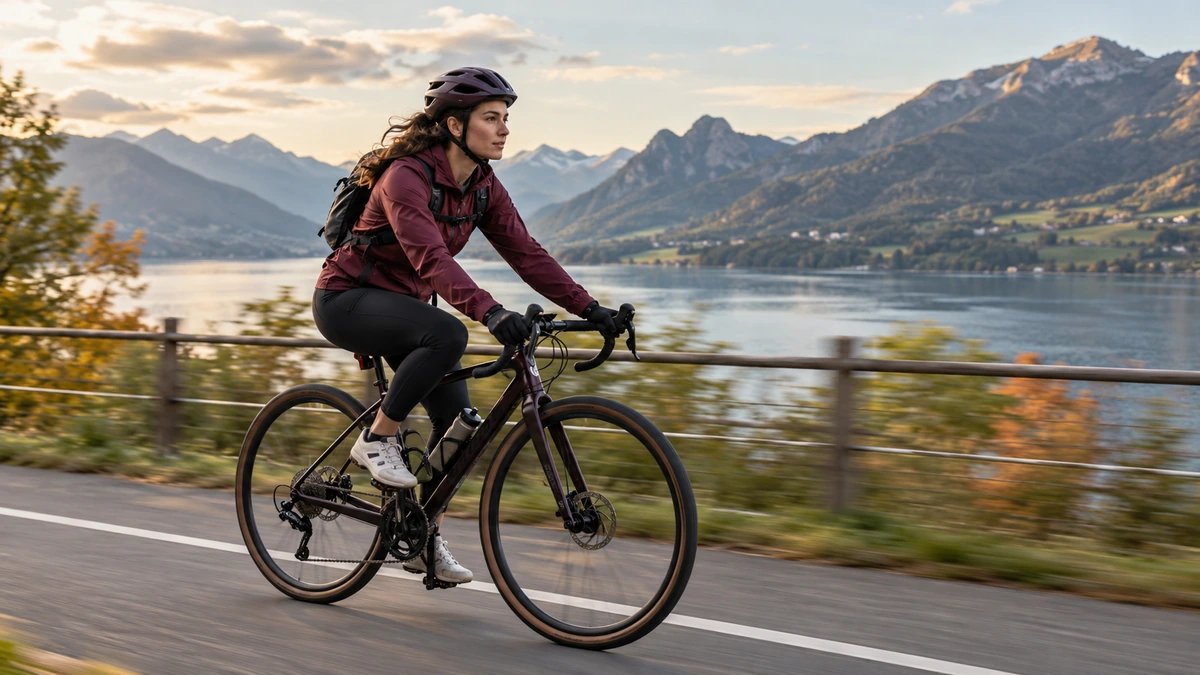 Une cycliste traverse le cadre devant un paysage de lac et de montagnes.