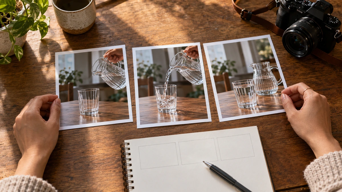 Des photographies d’un lieu sont disposées près d’un carnet de prises de vue.