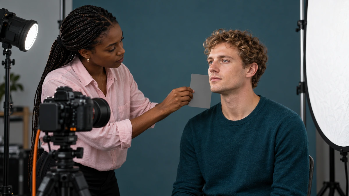 Une photographe prépare la lumière d’un portrait dans son studio.
