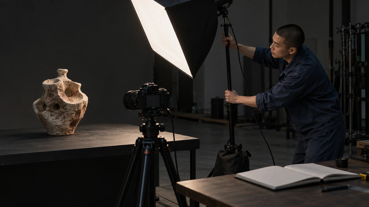 Un photographe règle l’éclairage d’un objet dans un studio sombre.