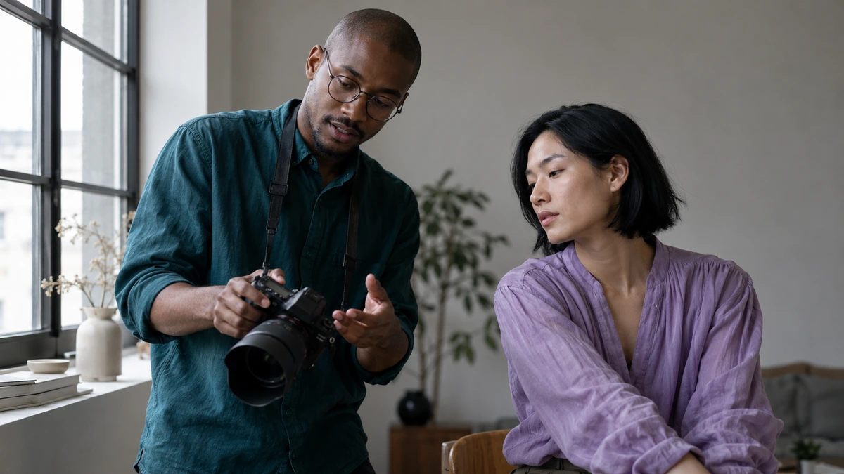 Un photographe et une personne photographiée vérifient un essai près d’une fenêtre.
