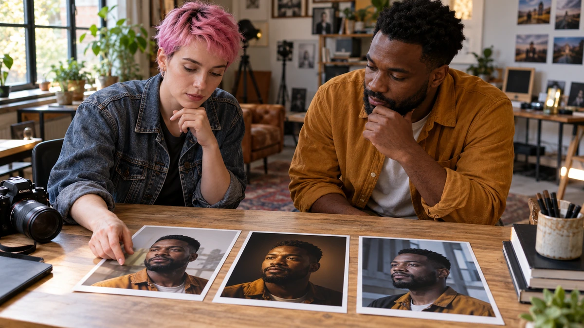 Deux personnes discutent de plusieurs portraits et de leurs différences de lumière.