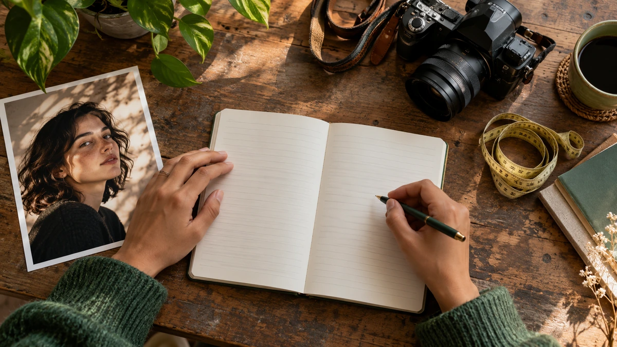 Des mains dessinent un plan de portrait dans un carnet à côté d’une photographie.