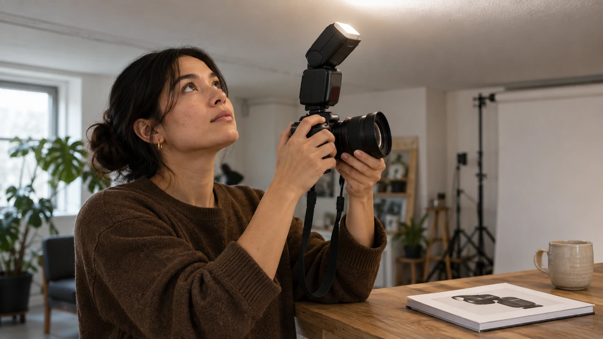 Une photographe oriente son flash cobra vers le plafond avant une prise de vue.