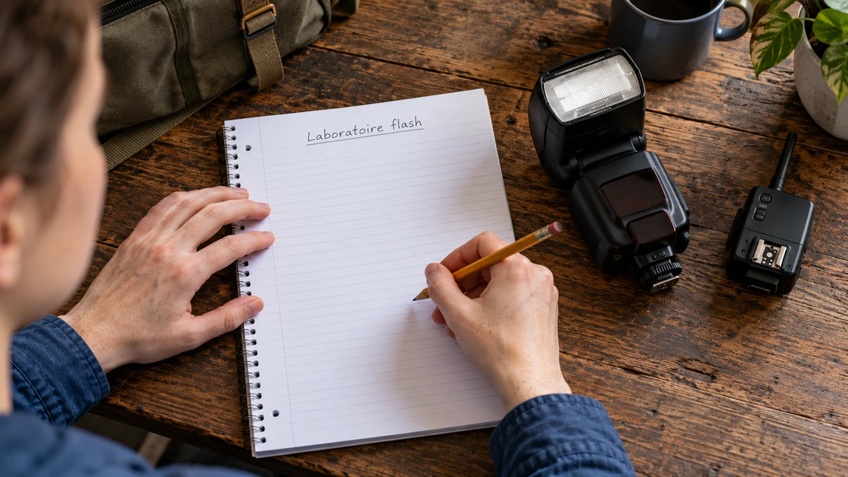 Un flash cobra et son déclencheur sont posés près d’un carnet de travail.