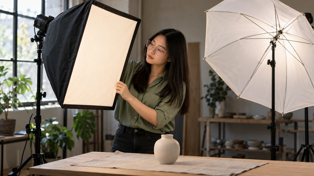 Une personne ajuste un diffuseur dans un dispositif de photographie de produit.