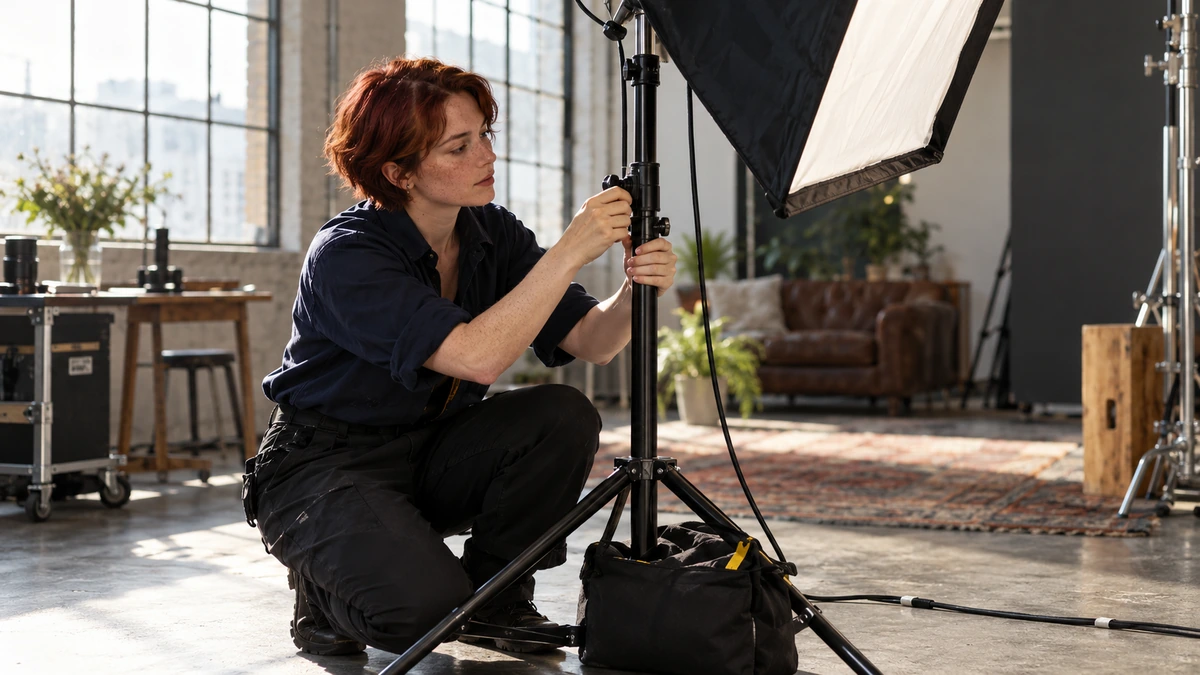 Une photographe règle le support d’une source diffusée dans un atelier.